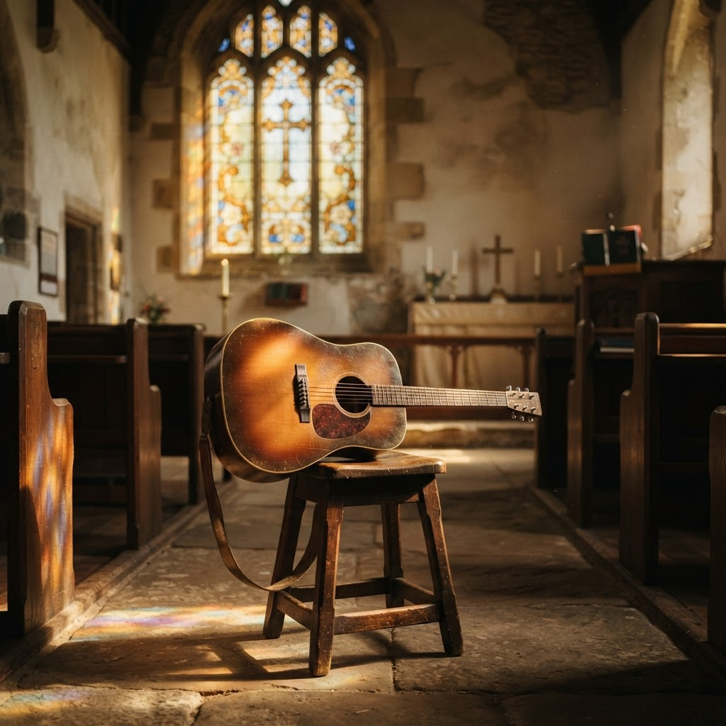 Violão em uma igreja iluminada